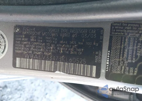 2003 BMW 325I из США, поврежденный, VIN WBAEV33473KL60525